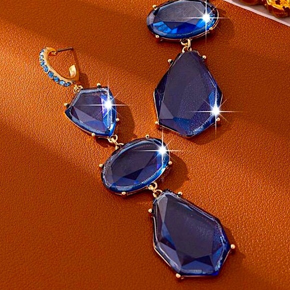 Gold Plated Blue Crystal Dangle Earrings – Exaggerated Geometric Statement Style - Picture 3 of 5